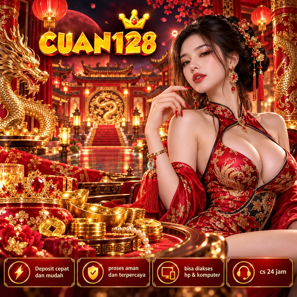 Poster CUAN128 bernuansa oriental dengan dekorasi naga emas dan lampion merah